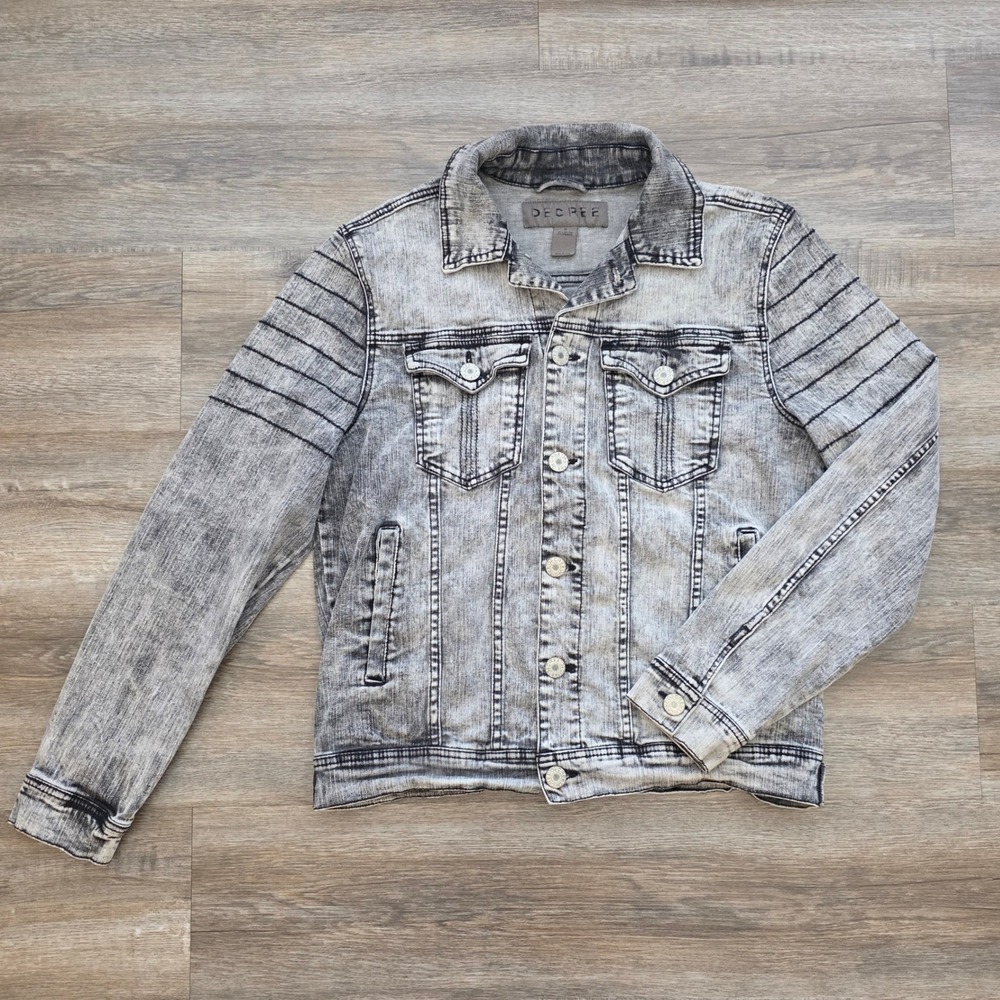 Decree Grey Acid Wash Denim Jacket Mens Medium Moto Quilted Trucker Excellent